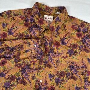 Boss Hugo Boss Men's Floral Brown Purple Long Sleeve Button Up Shirt 42 16.5